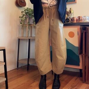 ROUCHA Wide Barrel Leg Drawstring Cotton Pants in Khaki